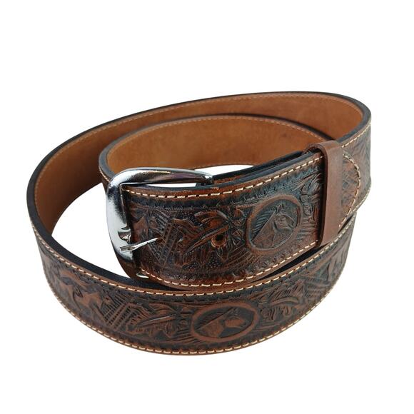 Men Men\'s SZ 42 Handcrafted Leather Belt Western Brown Horse-Embossed Leather NEW